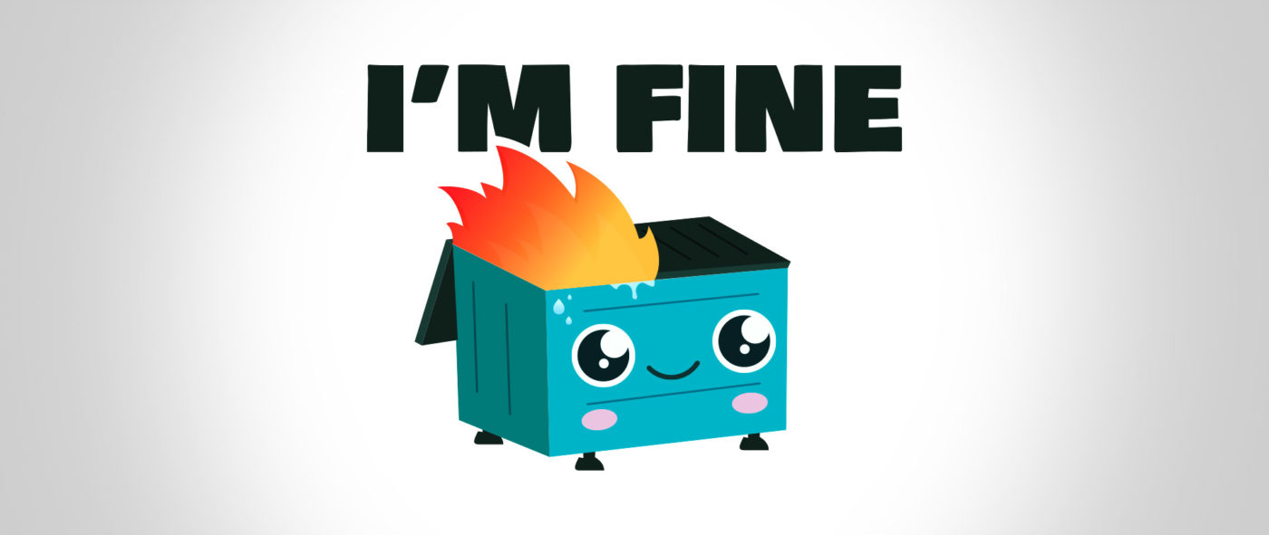 Dumpster fire illustration with cute face